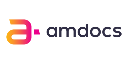 Amdocs logo, depicted in orange and pink, represents the brand's identity in a visually appealing manner.