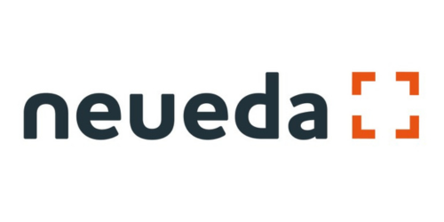 Neueda logo, depicted in orange and black, represents the brand's identity in a visually appealing manner.